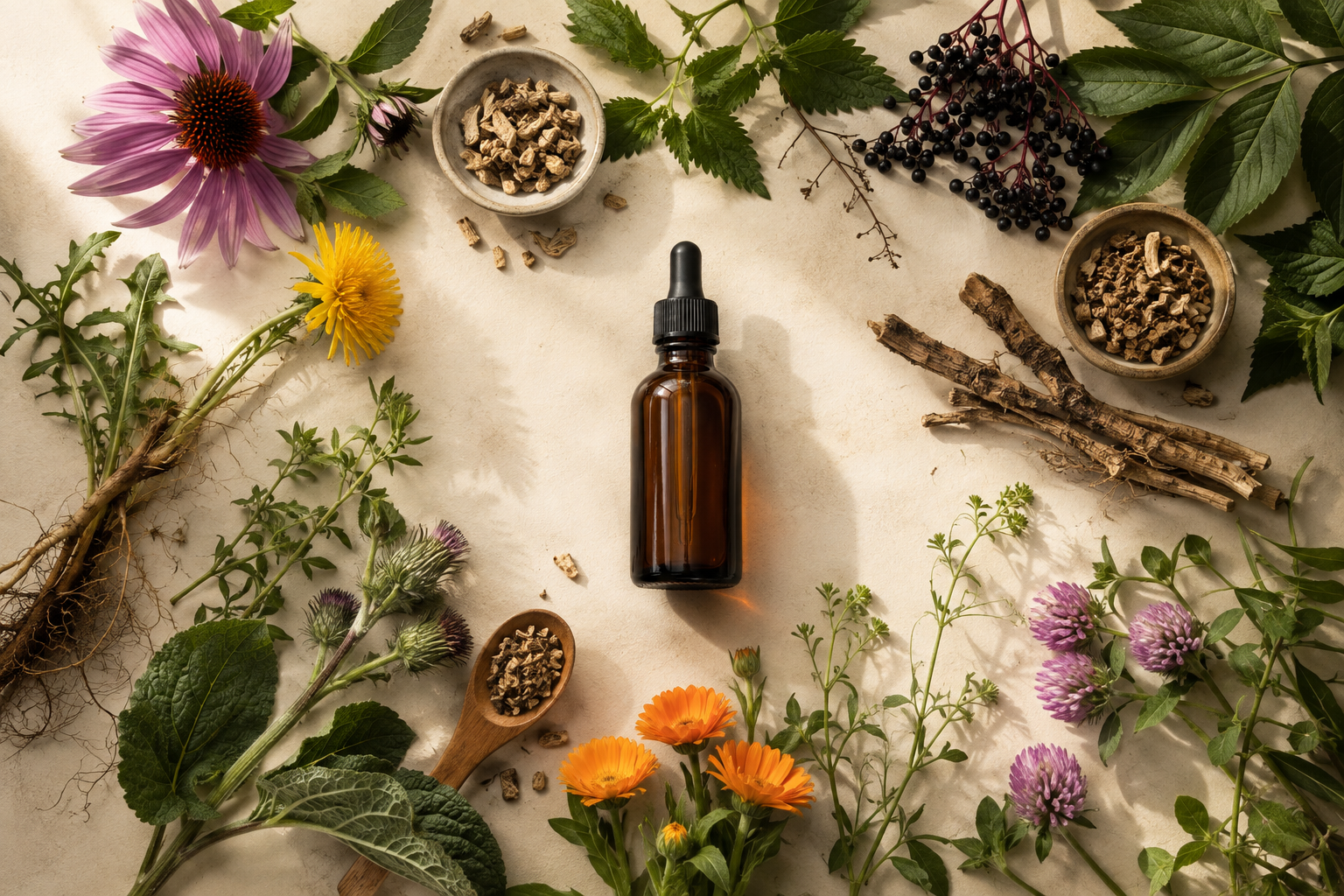 Botanical ingredients arranged around an amber dropper bottle