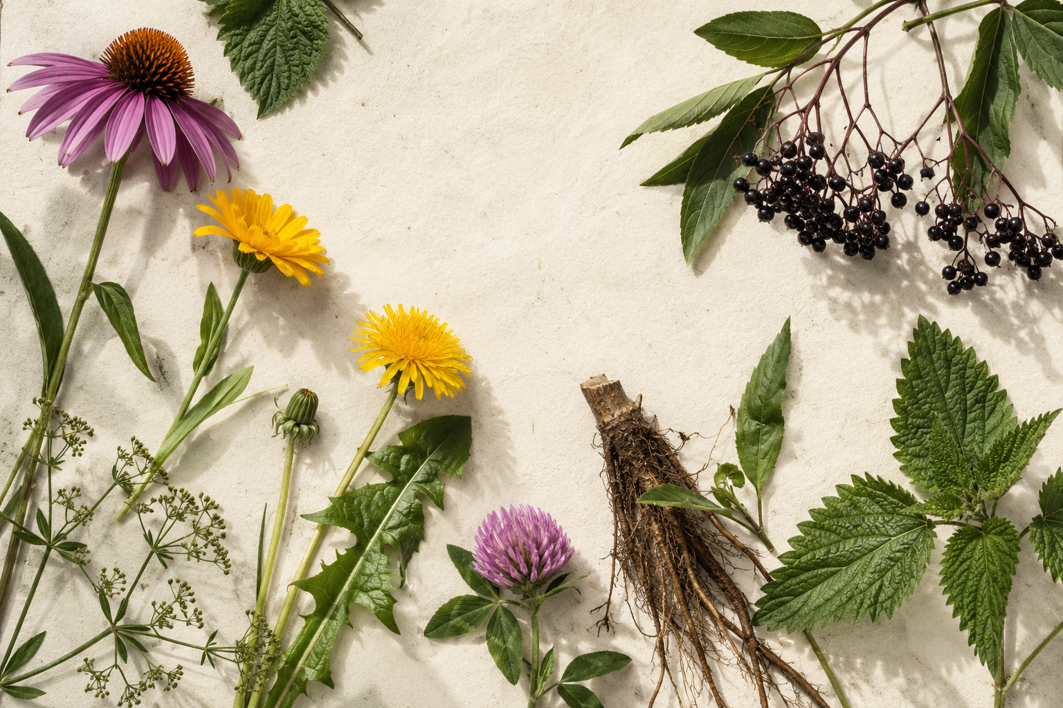 Botanical ingredients arranged in a calm brand setting