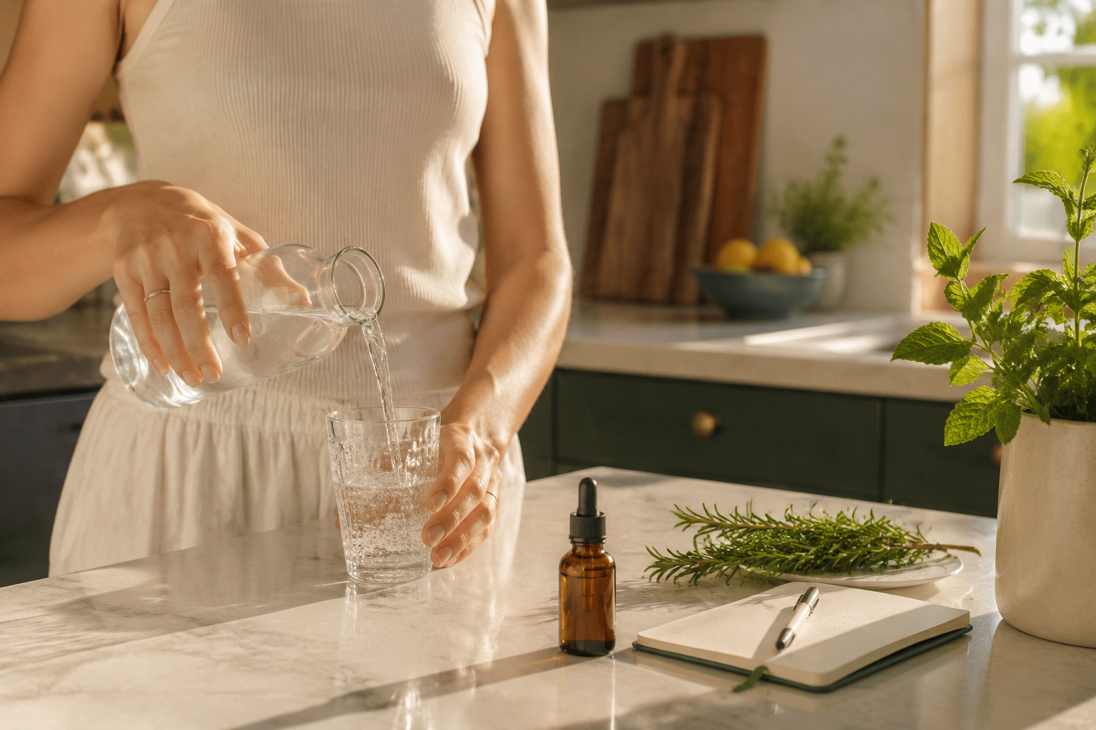 A calm morning wellness routine with water and an amber dropper